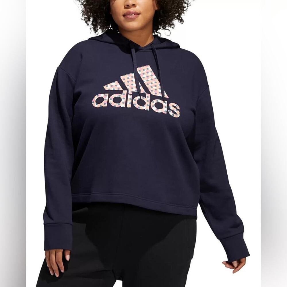 NEW Adidas Hoodie Womens Plus Size 2X Navy Blue Logo Dot Print Sweatshirt